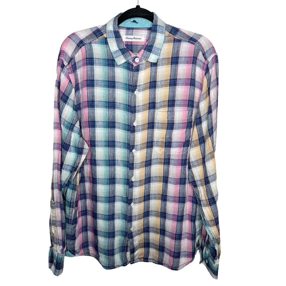 TOMMY BAHAMA / Polynesian Plaid Linen Shirt pink white blue plaid button up / M